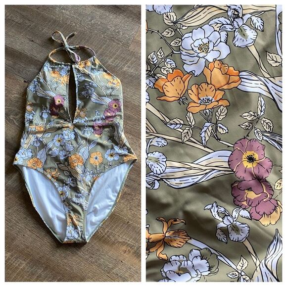 SHEIN Halter Swimsuit 1XL NEW  One Piece Olive Floral Beach - Picture 2 of 8